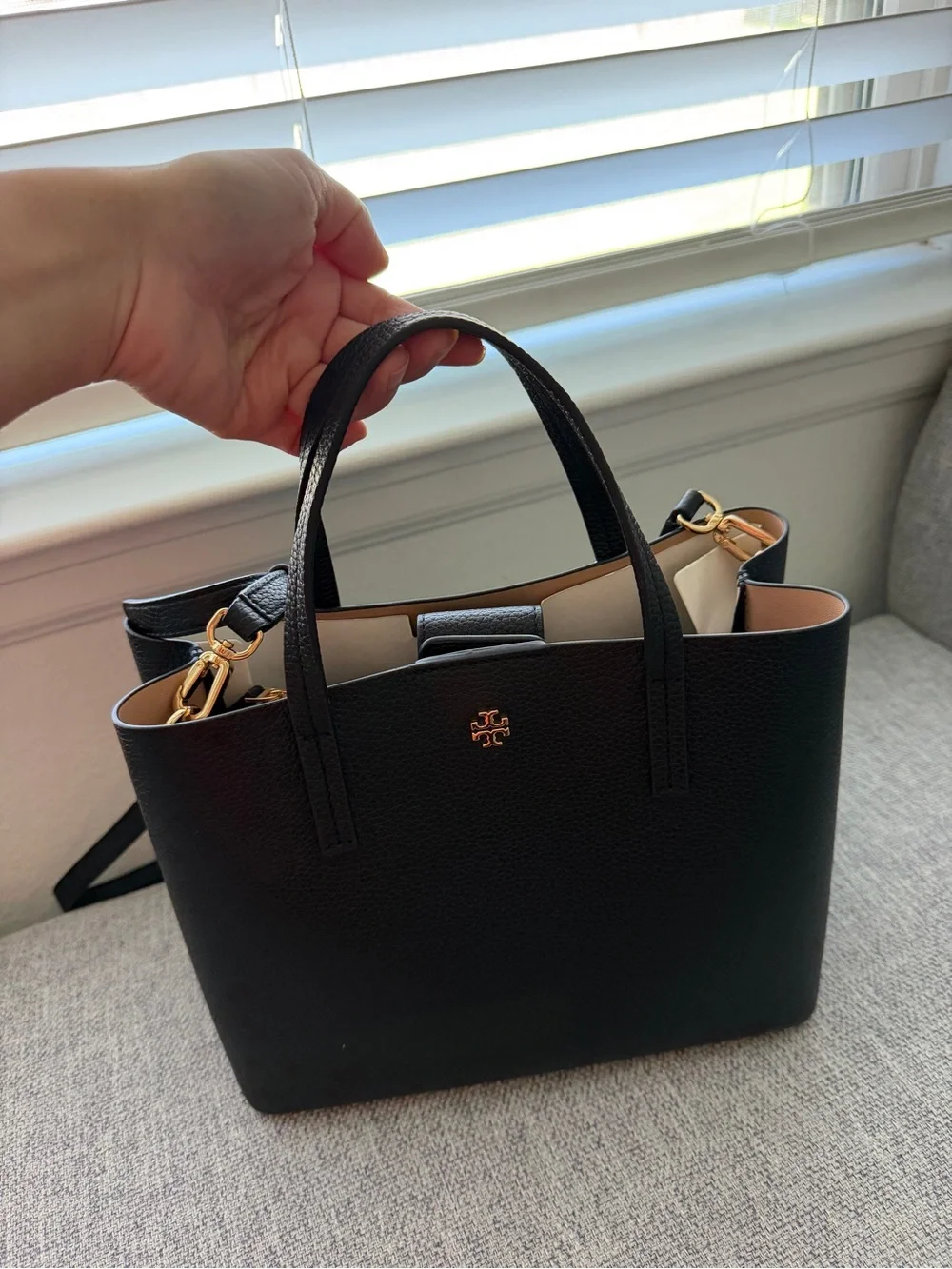Tory Burch Black Pebbled Leather Tote with Gold Accents